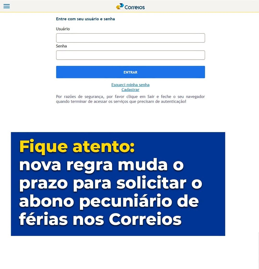 Comunicado sobre nova regra para solicitar o abono pecuniário de férias nos Correios