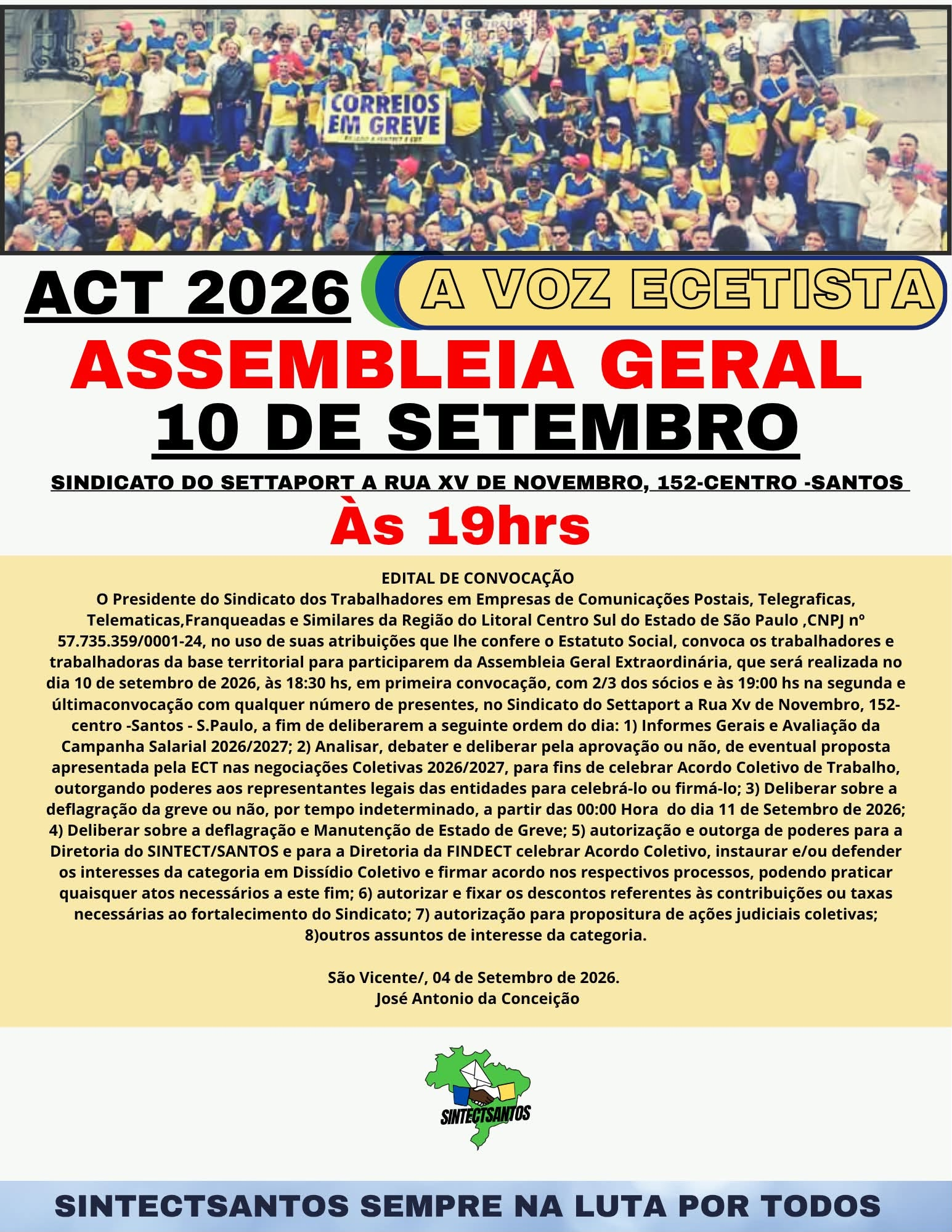 Arte de convocação da Assembleia Geral do dia 10 de setembro, às 19h, no Sindicato do Settaport, em Santos, para avaliação da nova proposta da empresa apresentada no TST