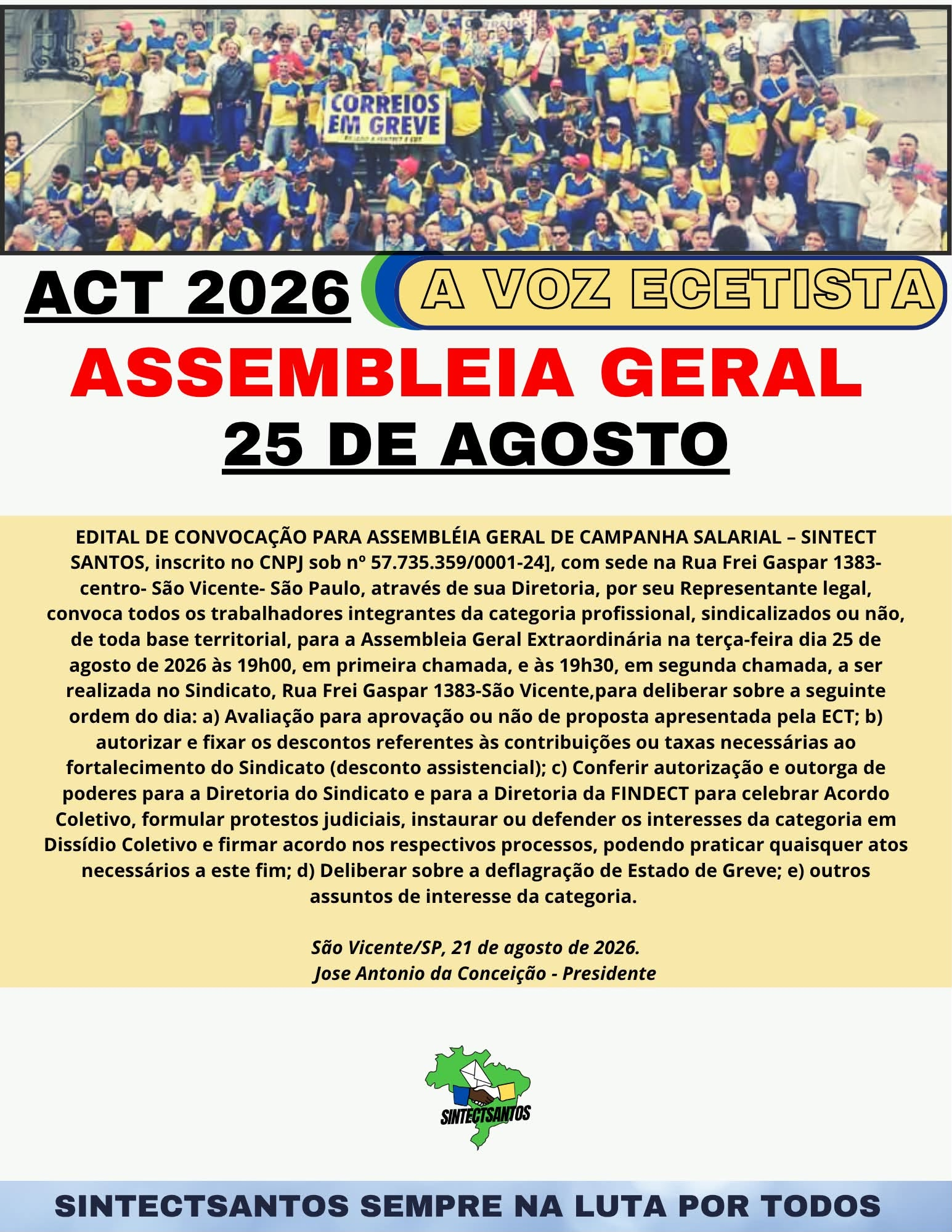 Arte de convocação da Assembleia Geral do ACT 2026 do Sintect Santos, marcada para o dia 25 de agosto às 19 horas
