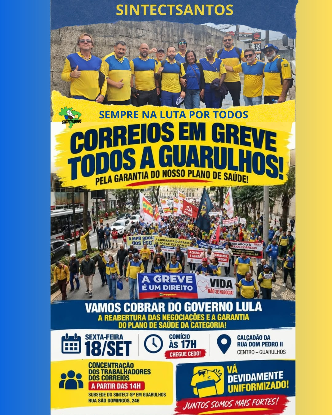 Arte de convocação do comício dos Correios em greve em Guarulhos, em defesa do plano de saúde, com concentração às 14h na Subsede do SINTECT-SP e comício às 17h