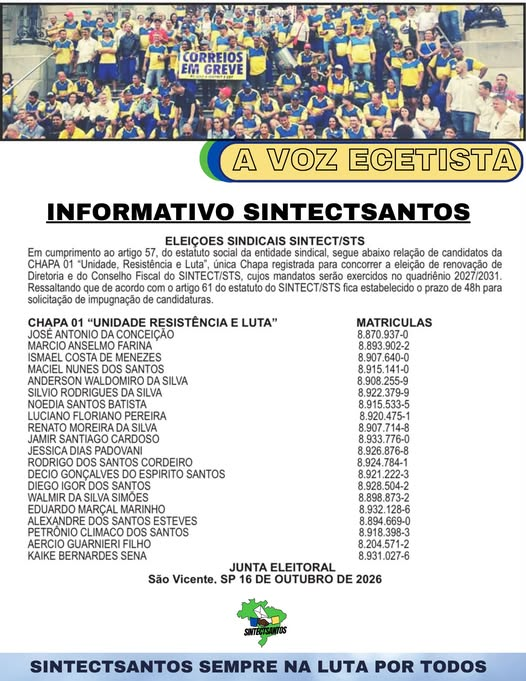 Informativo do SINTECT-Santos sobre as eleições sindicais 2027/2031